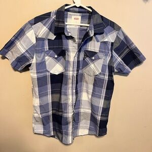 Men’s Blue and White Plaid Polo Shirt